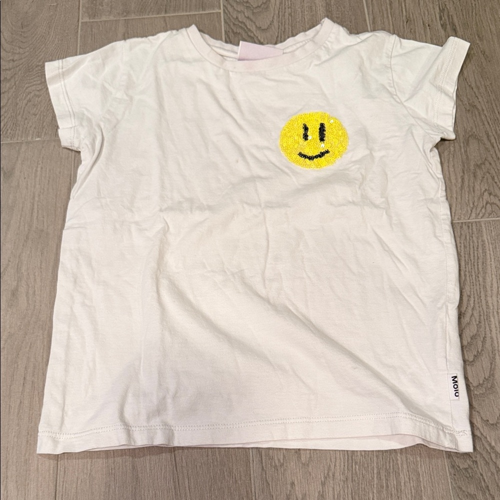 Molo Girls White T-Shirt with Yellow Smiley Face Size 7